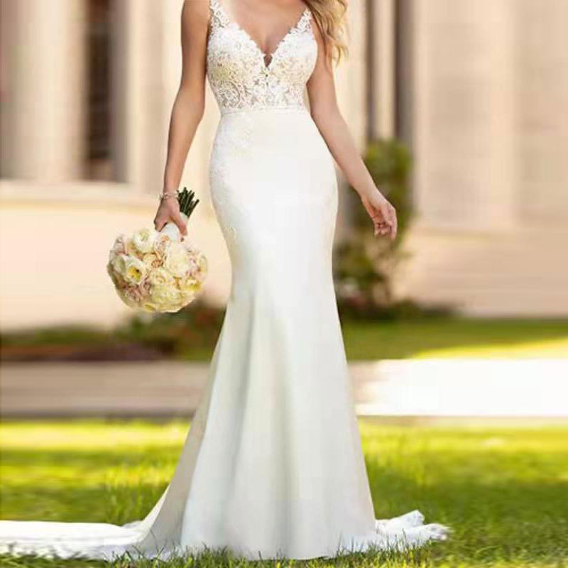 El Comercio exterior europeo y americano Amazon AliExpress deseo elegante vestido de novia con cuello en V hermoso largo elegante sexy vestido de novia cola de pez