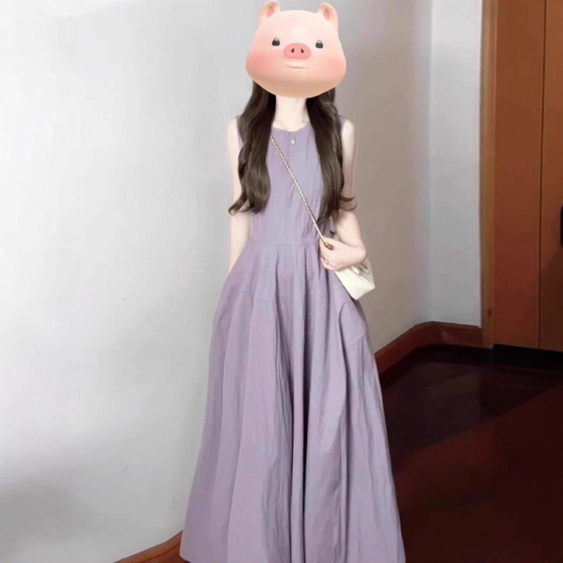 灰紫色无袖背心连衣裙女夏季2025新款海边度假法式气质超好看长裙|undefined