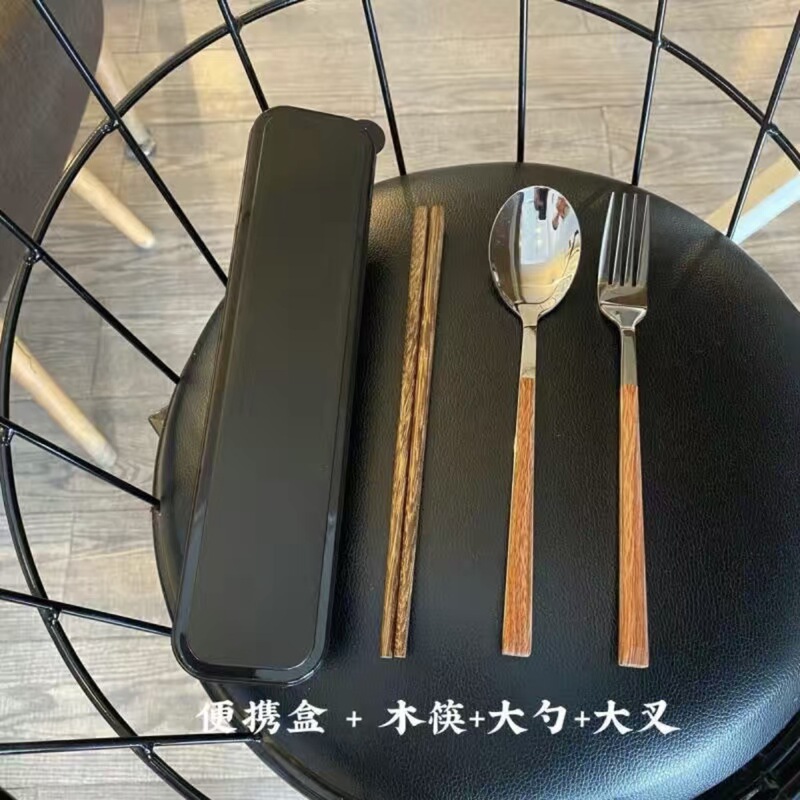 ポータブルステンレス鋼食器手羽先木製箸模造木製ハンドル家庭用ステンレス鋼スプーンフォーク洋食セット|undefined