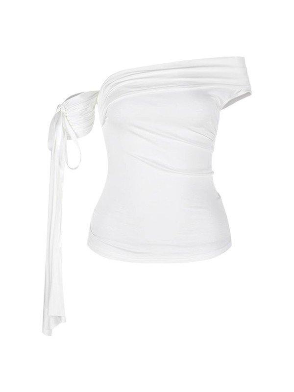 女性用ワンラインカラーホワイトリボン半袖Tシャツ、夏用スリムデザイン、ウエストを引き締め、タイトでスリムなオフショルダートップ|undefined