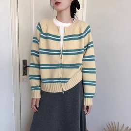 热销秋冬新款韩版宽松慵懒风圆领条纹双拉链针织百搭上衣毛衣外套