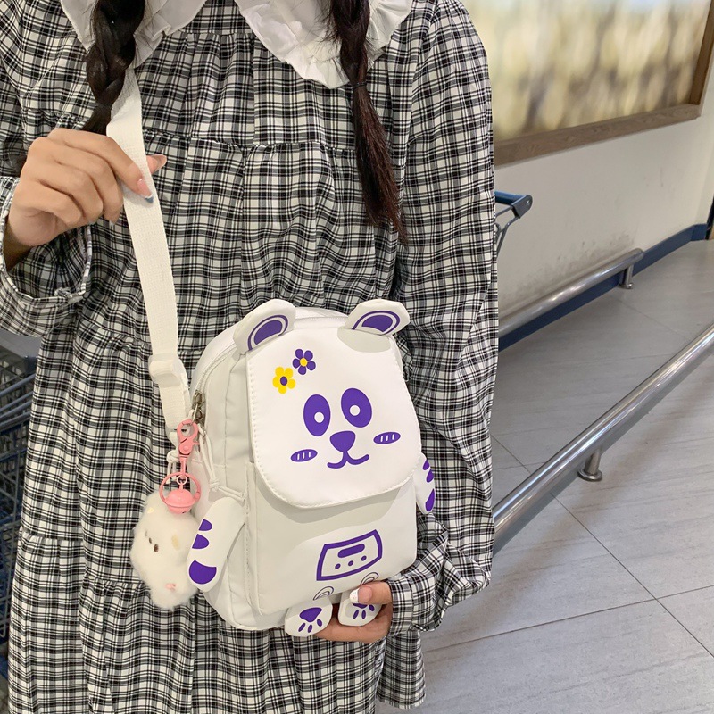 可爱熊猫小包包新款清新甜美少女手机斜挎包卡通印花学生单肩包女