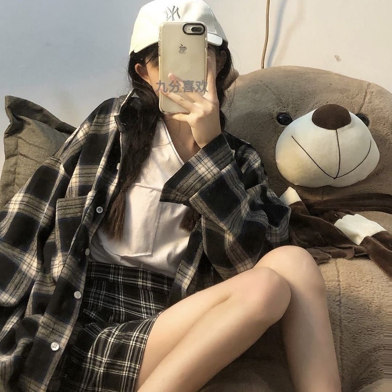 チェック柄シャツ女性 2025 春の新韓国ファッションガール小柄なレトロ長袖シャツカジュアルジャケット|undefined