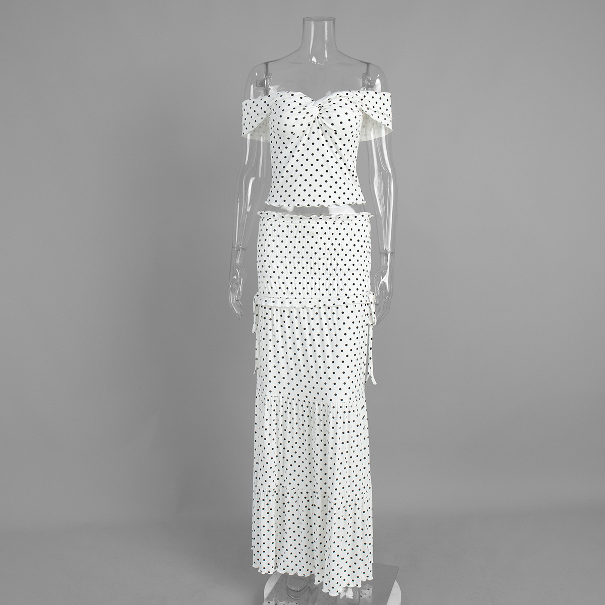 Women's Polka Dot Skirt Set Off-Shoulder Top & Pleated Midi Skirt Summer New Arrival_ecoleips.com