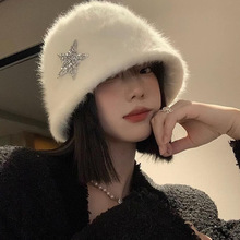 白色兔毛渔夫帽女秋冬季日系显脸小保暖水桶帽韩版大头围毛绒帽子