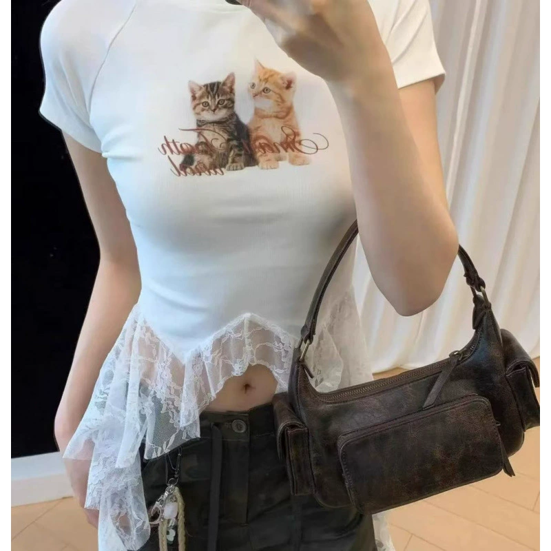 Женская футболка с коротким рукавом, асимметричный кружевной подол, принт кошки, дизайн имитации хлопчатобумажной нити, 40 шт., лето 2025 г.