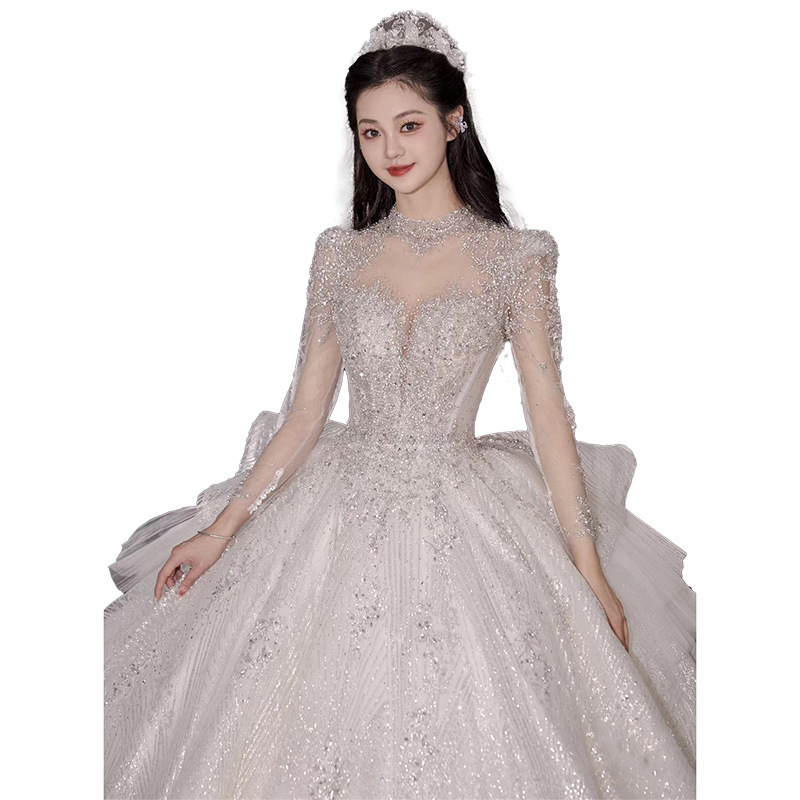 Vestido de novia de encaje de lujo para la novia, nuevo modelo 2026, vestido de manga larga para mujeres embarazadas de talla pequeña y grande, con elaborada artesanía D109.