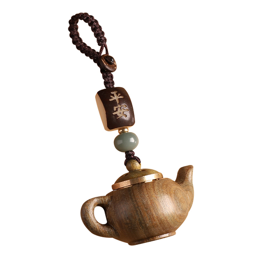 Green sandalwood hollow-carved small teapot sachet car keychain pendant wooden carving ornament pendant pot pendant