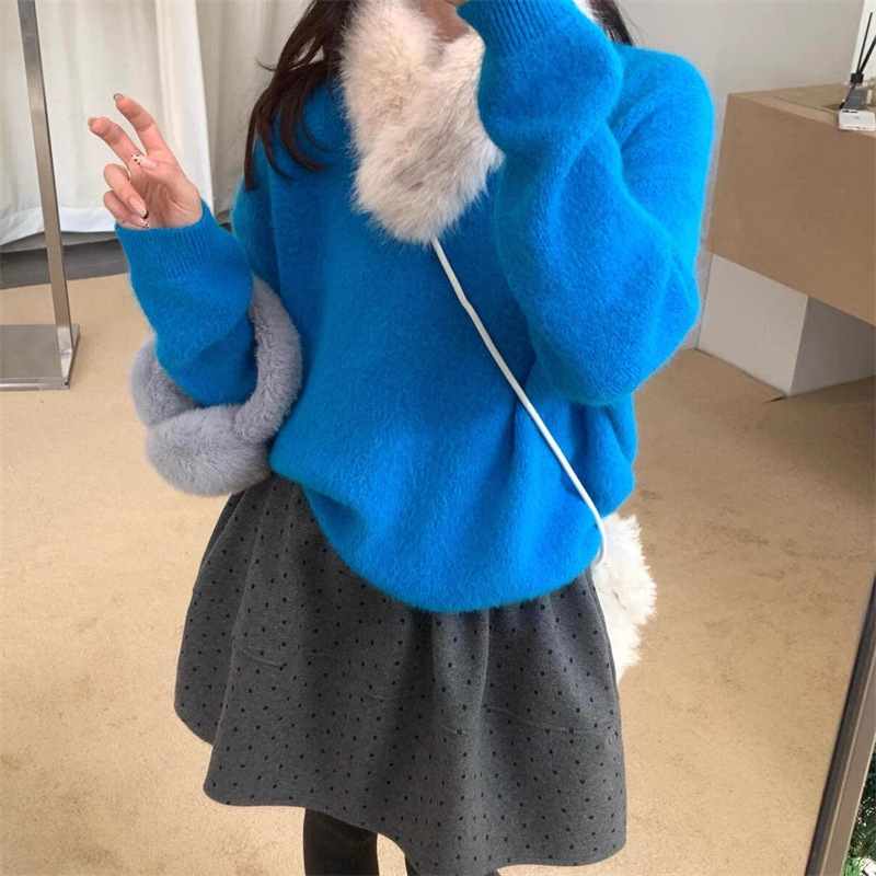 韩系氛围感毛毛围脖毛衣女秋冬新款宽松显瘦百搭针织衫女软糯上衣