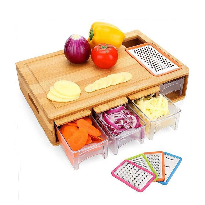 Placa de corte de vegetales de bambú en stock con cajón transparente para almacenar raspador de alambre cortador de cocina para la clasificación de platos domésticos