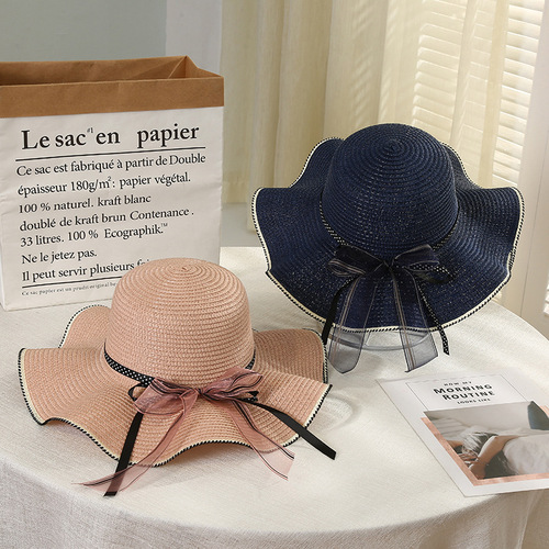 New Summer Straw Hat Women's Big Brim Beach Hat Sun Hat Women's Seaside Bow Ribbon Sun Hat
