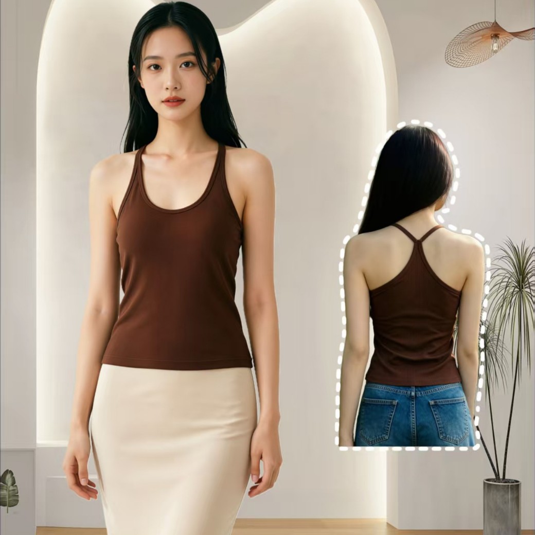 Threaded Ribbed Sports Bra with Chest Pads and Straps, Sexy Backless Design, Slimming Sleeveless Top