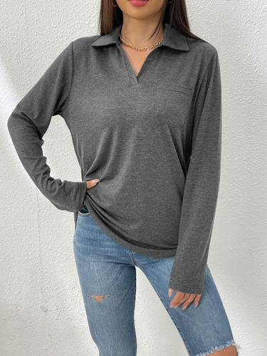 International Foreign Trade Amazon Independent Store Women's Spring and Autumn New Long Sleeve Simple Solid Color Collar Loose Pocket T-Shirt