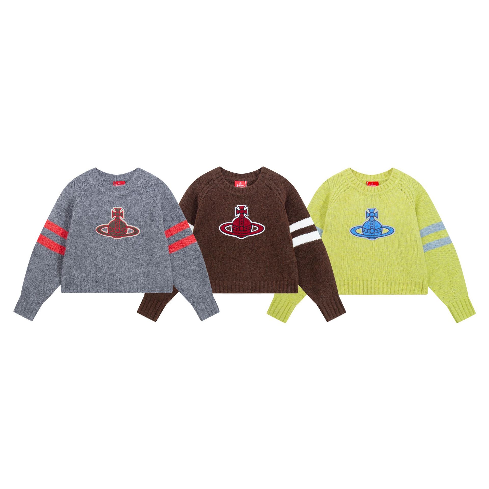 25SS春季新款vivi西太后三色纱线羊毛拼接绣花章仔lg圆领毛衣外套