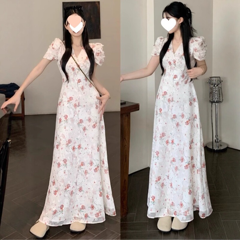 Gentle Style Floral Puff-Sleeved White Dress, New Niche Design, Korean-Style Waist-Cinching Slimming Long Dress