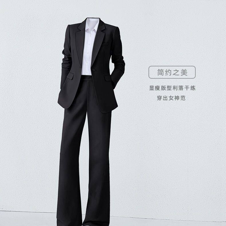 Bộ vest công sở nữ thanh lịch dài tay quần ống loe nhẹ — Quần đen, Áo đen đơn chiếc, Quần áo đen + quần