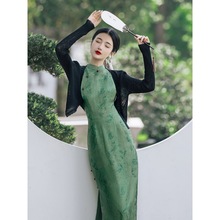 绿色森林国风复古旗袍显白绿色改良新中式旗袍连衣裙中长款2024夏