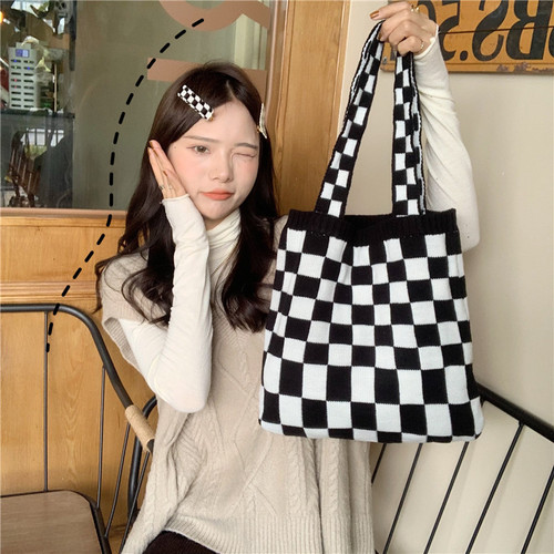 110281 Knitted checkerboard bag for women autumn and winter new casual tote bag large capacity portable canvas bag ins