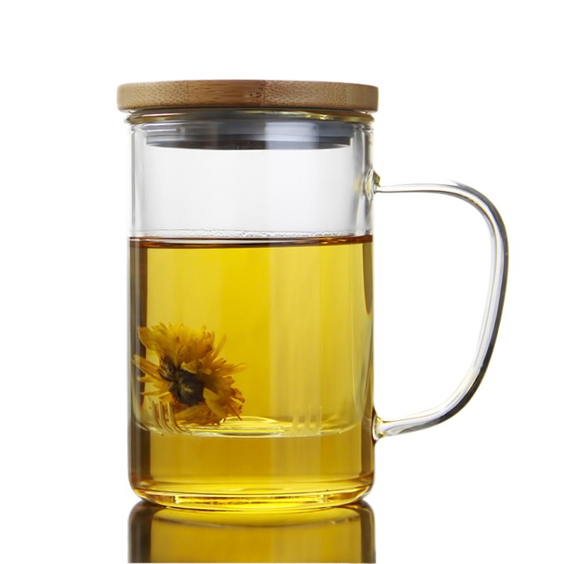 Cubierta de madera al por mayor cubierta de bambú de tres piezas de vidrio de borosilicato flor taza de té cubierta de madera engrosada fondo con tapa de filtro taza de té verde
