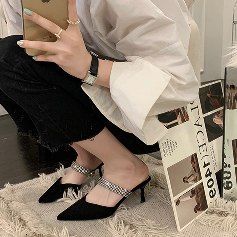 2024 Summer New Black Baotou Stiletto Pointed Toe High Heels Women's Sandals Fashionable and Versatile Outerwear Slippers_vogarts.com