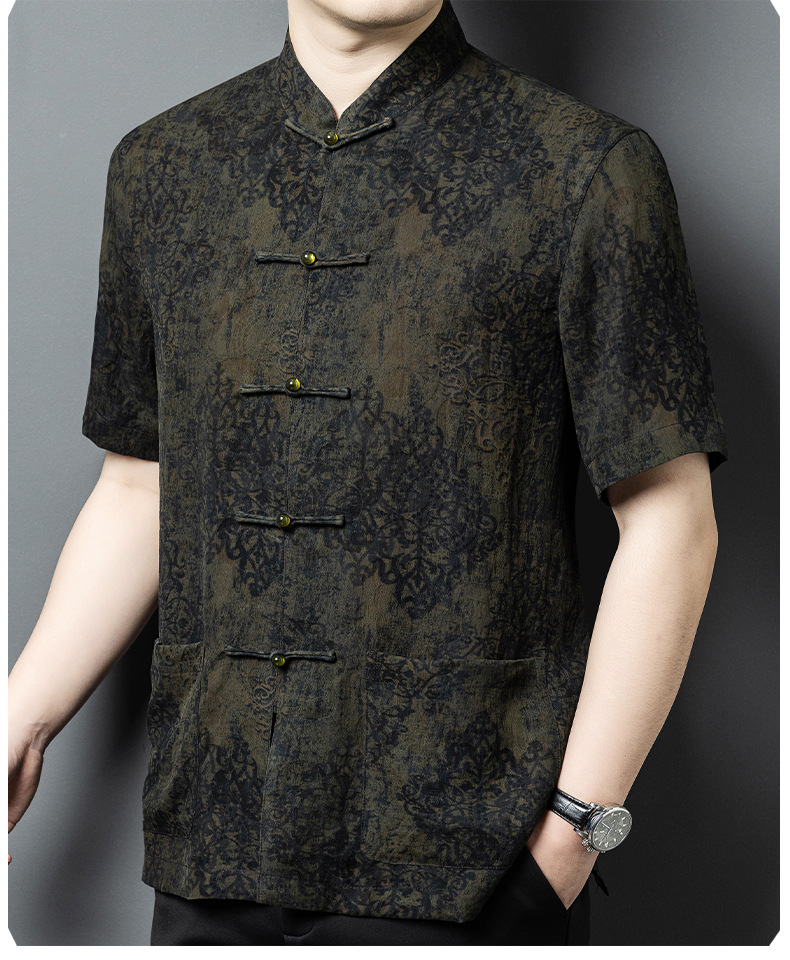 Áo sơ mi nam tay ngắn cổ đứng kiểu Trung Hoa lụa tơ tằm Mulberry Silk — Quân đội xanh 625179 chi tiết 12