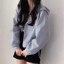 夏季法式百搭设计感条纹连帽衬衫春夏休闲防晒服带帽高级