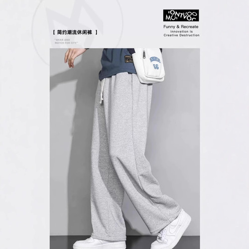 Men's Loose Straight Leg Grey Sweatpants 2025 New Arrival Cotton Spring and Autumn Youth Wide Leg Casual Pants
