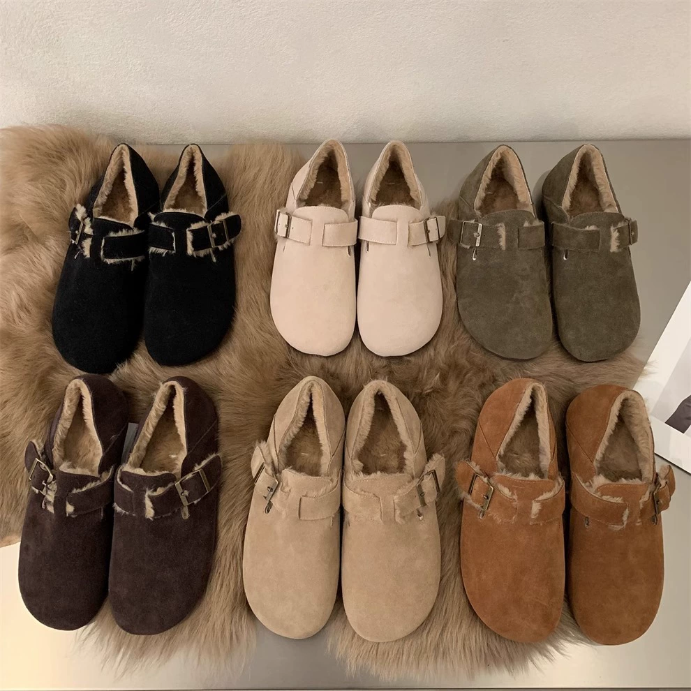 Женские туфли Sanxi в стиле Birkenstock на флисовой подкладке, плоские лоферы с двумя способами ношения, французские ретро-мокасины на мягкой подошве, хлопковые туфли, пушистая обувь.