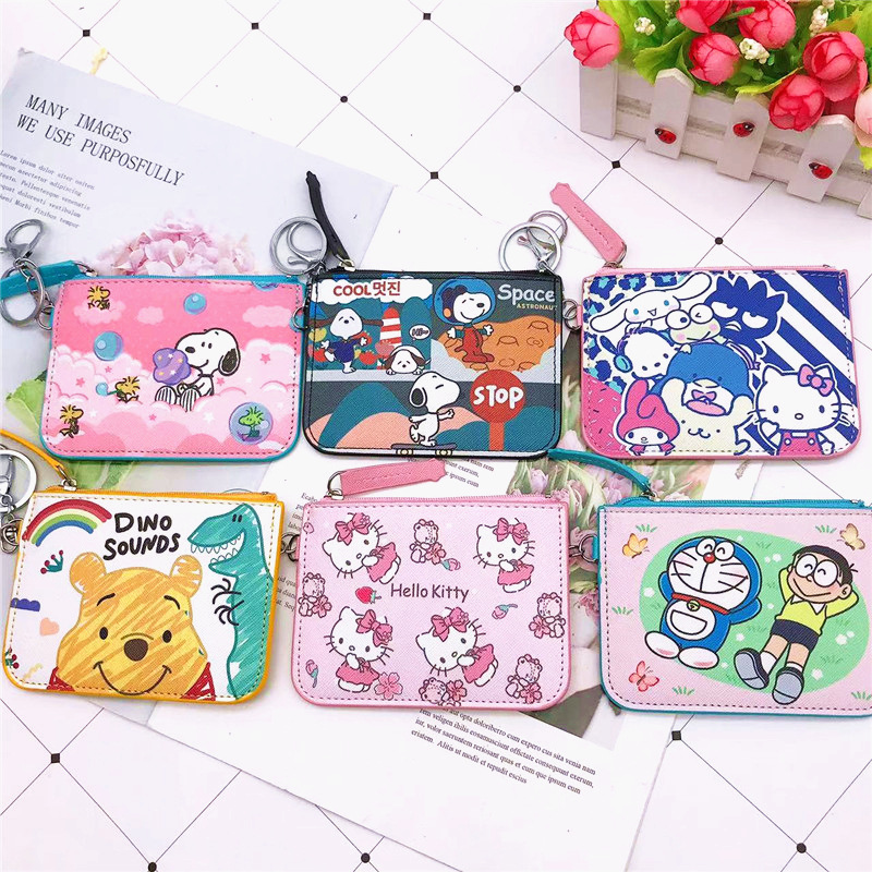 Creative cartoon card holder coin purse PU leather student meal card bus card holder coin bag with Keychain