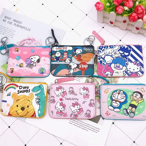 Creative cartoon card holder coin purse PU leather student meal card bus card holder coin bag with Keychain