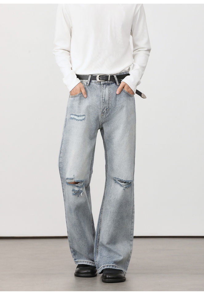 Quần jean nam ống loe nhẹ rách gối phong cách retro, dáng rộng ống suông tôn dáng, quần dài casual — Xanh nhạt, Xanh đậm chi tiết 30