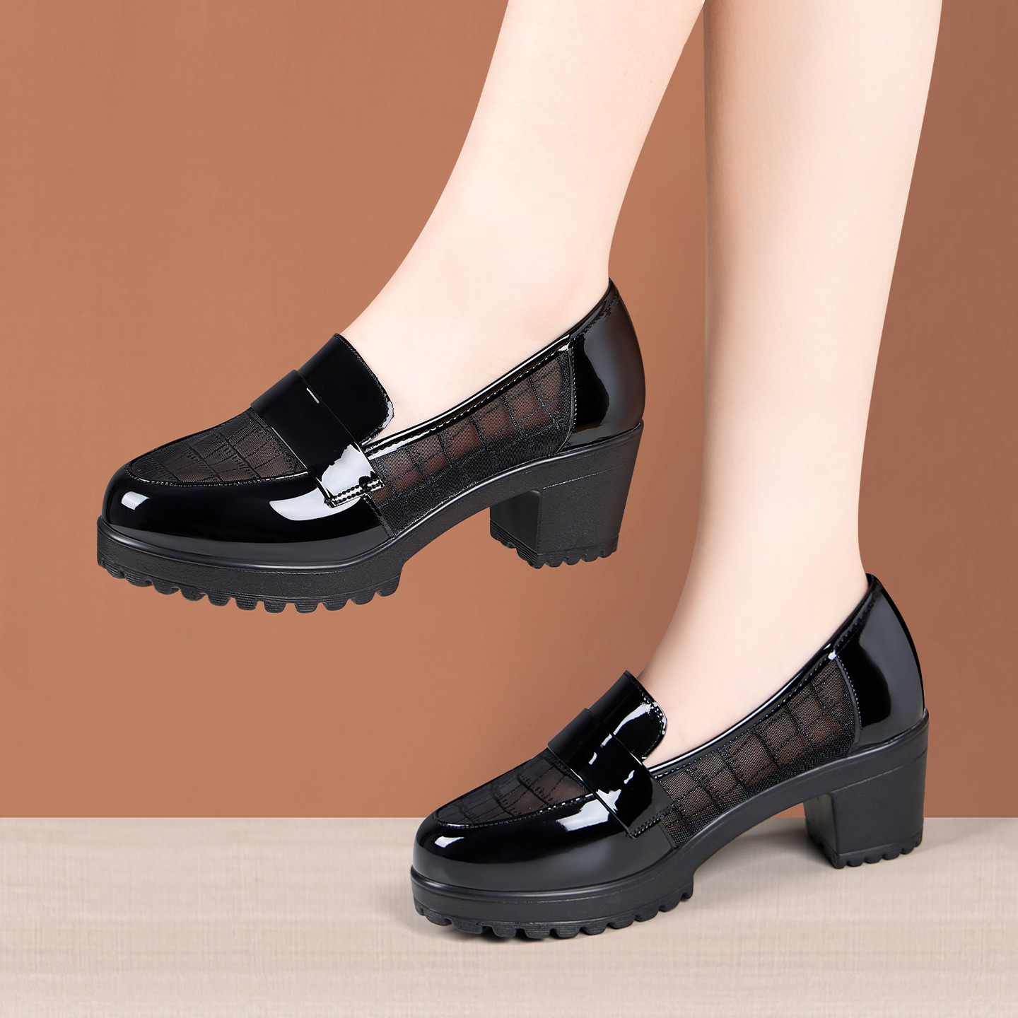 여성용 싱글 슈즈, 새로운 두꺼운 굽, 두꺼운 밑창 메쉬 펌프스 슈즈, 로퍼, 부드러운 밑창, 편안한 어머니 신발, 여성용 하이힐