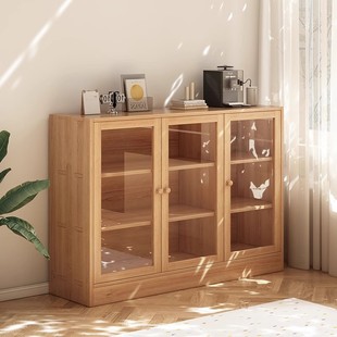 Dust-Proof Bookcase Solid Wood Bookshelf Storage Rack with Door Floor-Standing Home Kidsren's Living Room Modern Simple Plaid Cabinet Low Cabinet