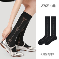 Renaissance Bar Bowknot Girl Style Women's Socks Black Spring and Autumn Breathable Cotton Socks INS Trendy Medium Length Stockings