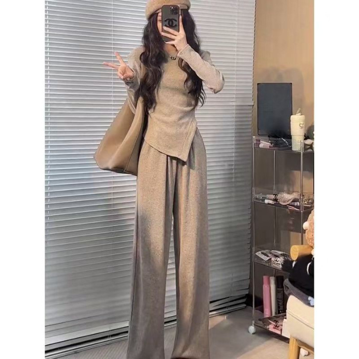 不规则纯色修身上衣女时尚百搭套装女春秋高腰阔腿长裤休闲两件套|undefined