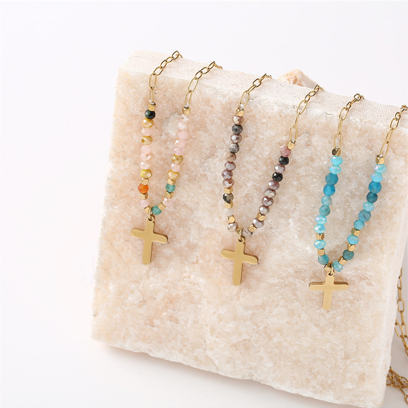 8g Weight 14K Gold Plated Plating Material Pendant Necklace Classification 1 Piece Quantity Ethnic Style Cross Stainless Steel Beaded Plating 14k Gold Plated Pendant Necklace