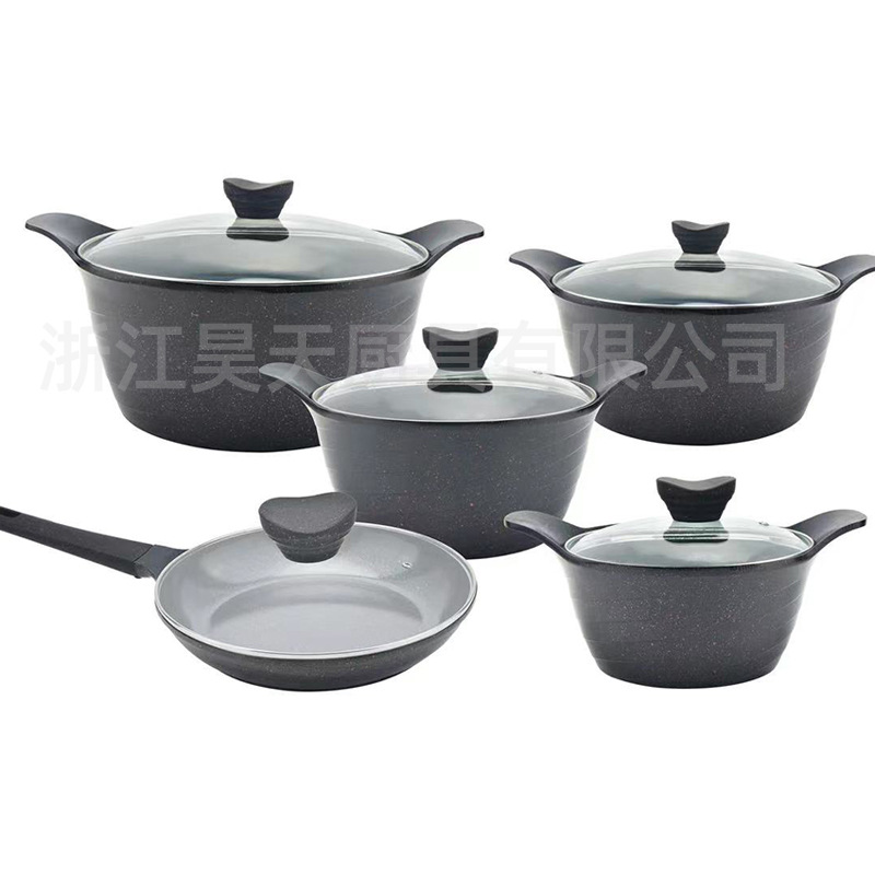 Juego de ollas de aluminio al por mayor transfronterizo, olla antiadherente de piedra médica, olla de sopa doméstica de diez piezas, olla de cocción al por mayor