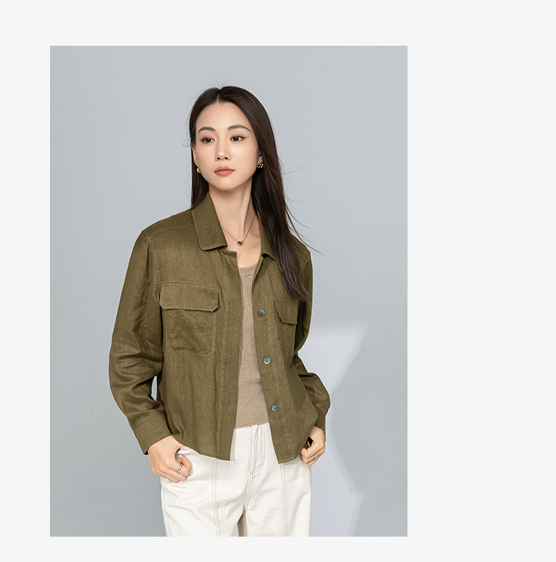 Áo sơ mi nữ vải lanh mỏng cổ polo tay dài rộng rãi phong cách xuân hè — Xanh ô liu chi tiết 3