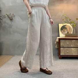 刺绣亚麻长裤女 夏季高腰窄版阔腿裤纯色亚麻休闲裤2026新款女裤