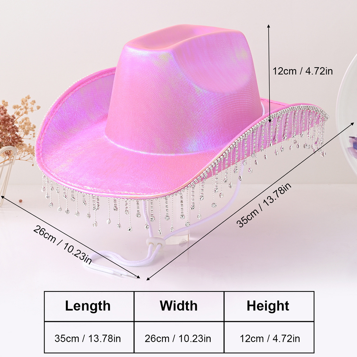 Chapéu de cowboy feminino estilo western, elegante, com franjas brilhantes de strass e aba larga. Chapéu popular e reluzente._voghion.com