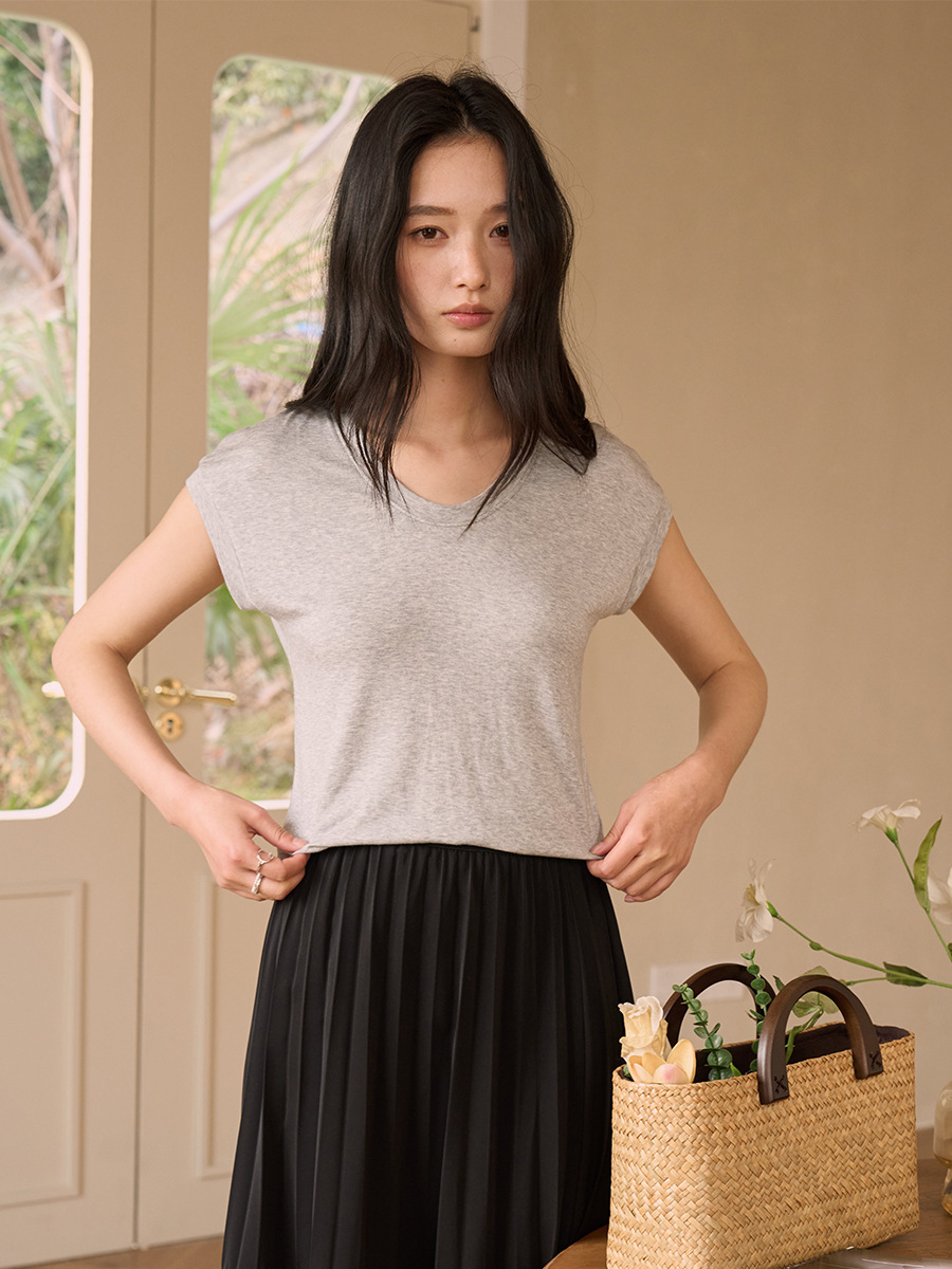 Dai Jia Wen Summer Silk Wool Short-Sleeve T-Shirt for Women, Tencel Modal, Flattering for Round Faces, Slim Fit, Drop Shoulder Top
