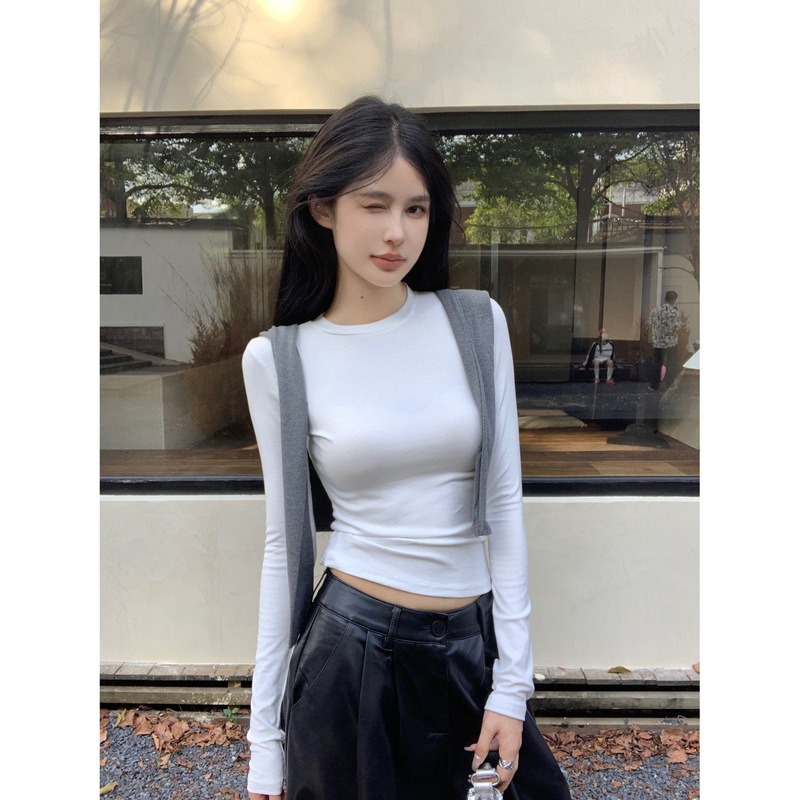 黑色长袖T恤女外贸新款修身显瘦百搭打底衫女装百搭辣妹掐腰上衣|undefined