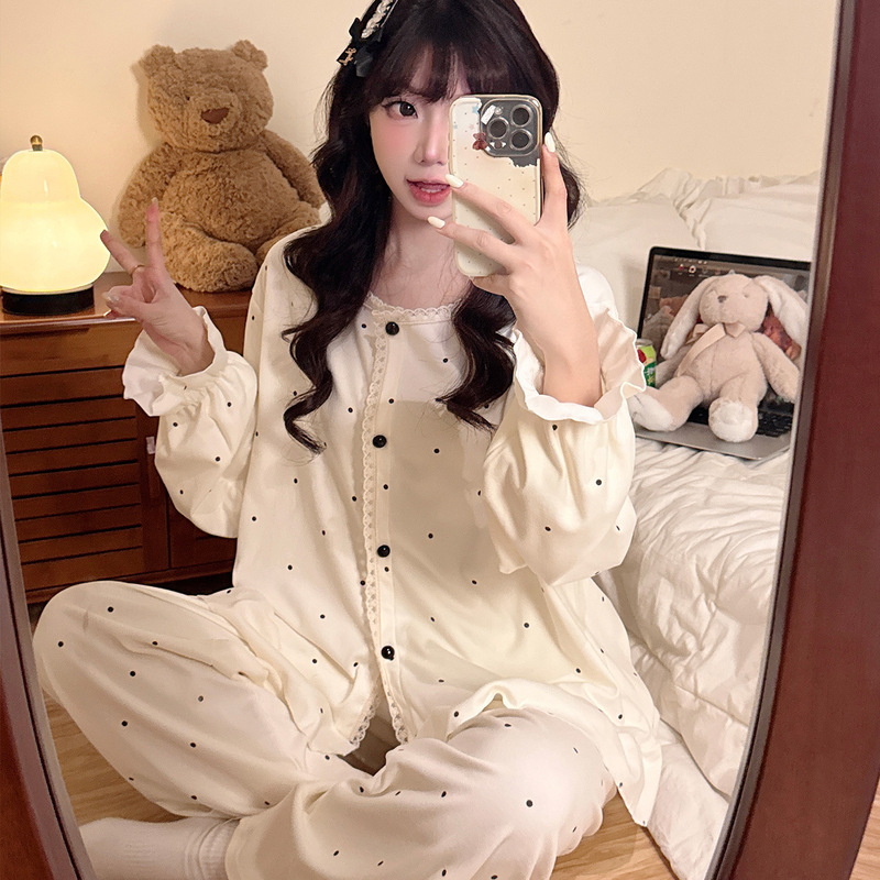 New women's thermal pajamas for autumn and winter, thickened and warm, long-sleeved cardigan set, sweet and cute, plus size loungewear