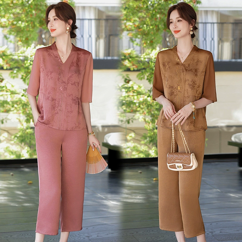 Летний костюм для новоиспеченной мамы 2025 года, модный топ-двойка, летняя футболка с коротким рукавом для женщин среднего и пожилого возраста