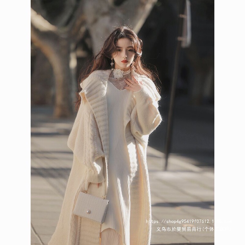 French-style vintage lapel sweater for tall individuals, high-end knitted cardigan, new loose and casual mid-length coat for autumn and winter