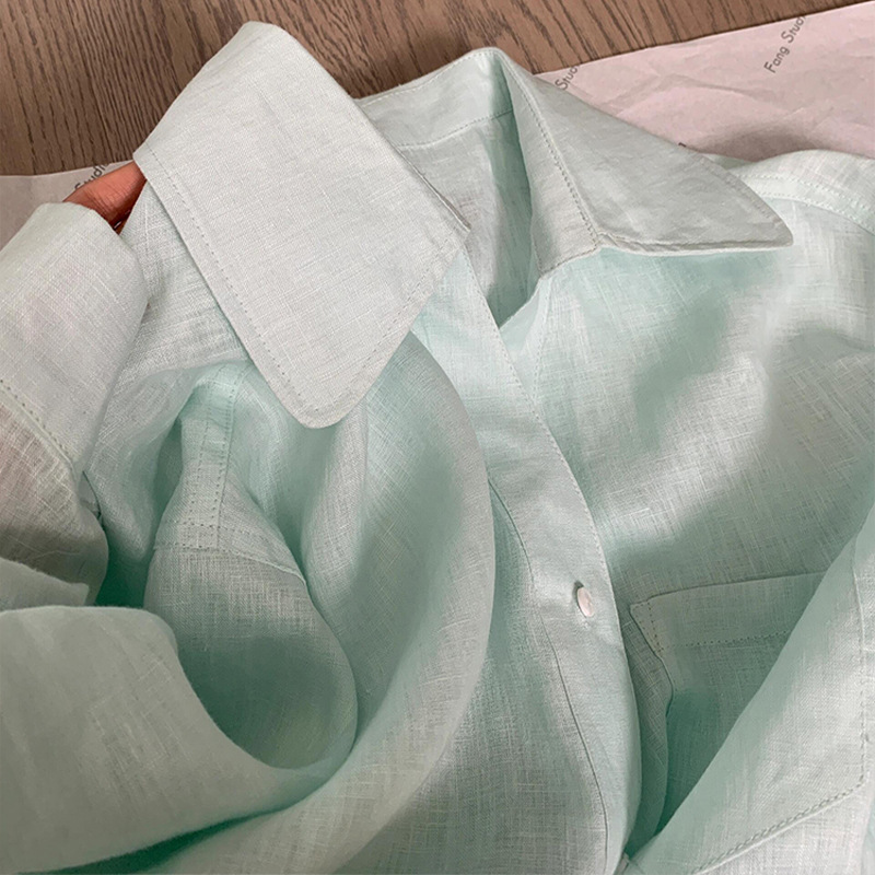 Highly Recommended! Very Clear and Refreshing! Mint Green Linen Lightweight Sun Protection Long-Sleeved Shirt Women's Top