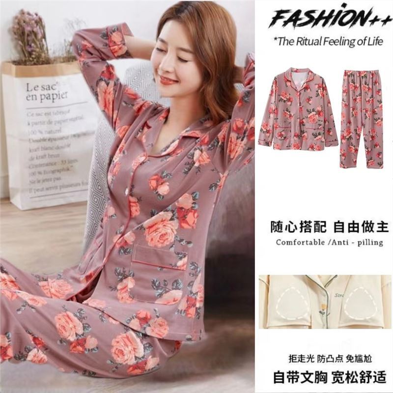 Pijama de algodón 100% para mujer con almohadilla en el pecho Primavera y otoño pantalones de manga larga cardigan Delgado traje suelto otoño ropa para el hogar verano