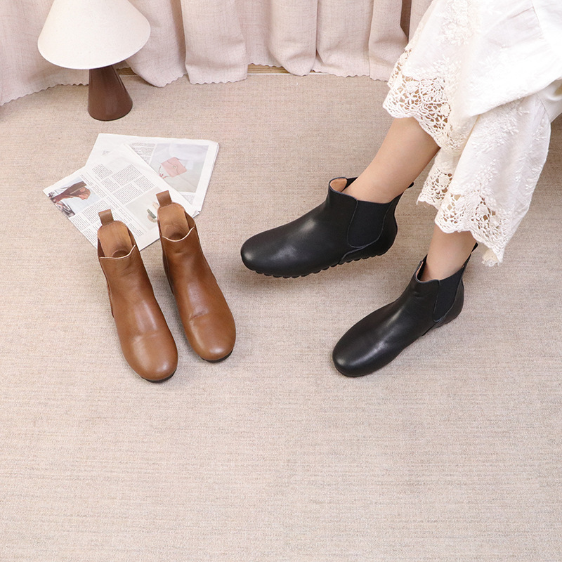 9168-2 文艺风真皮短靴女平底底跟黑棕双色简约韩系女鞋|undefined