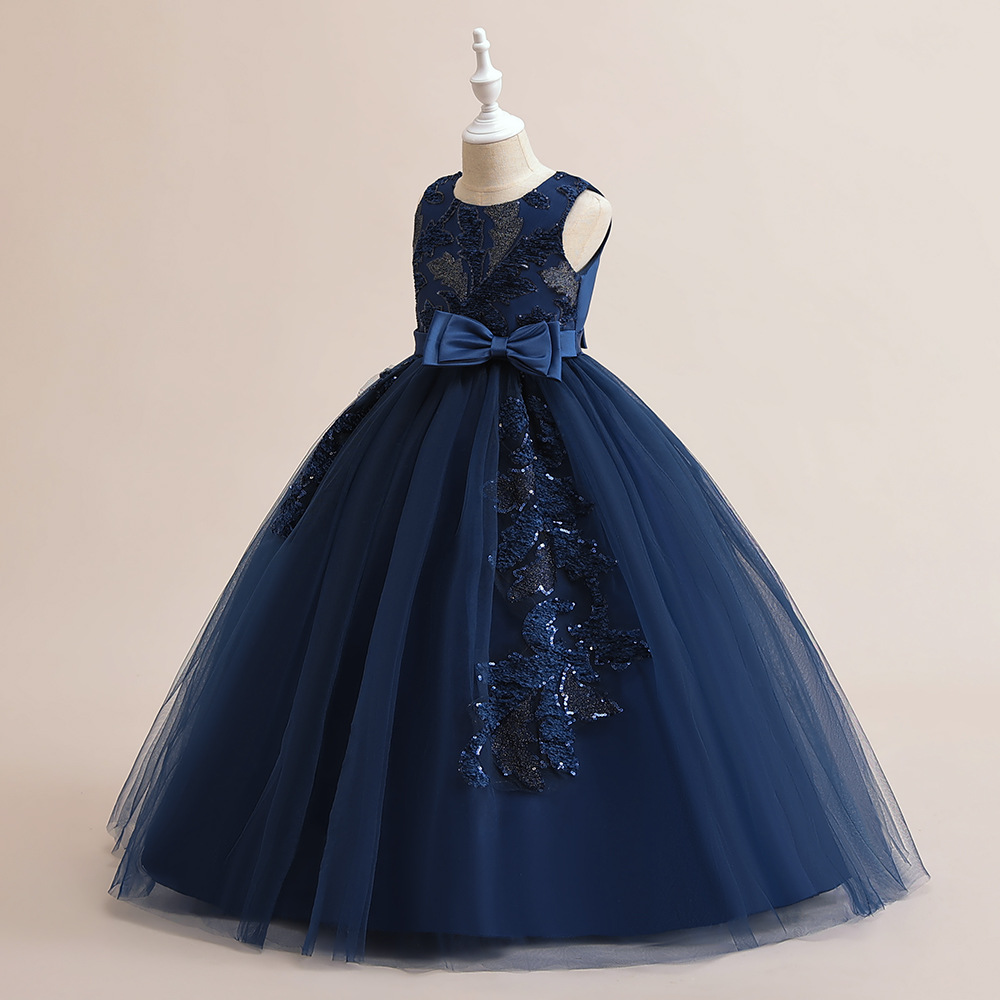 Amazon europeo y americano nuevo vestido de los niños vestido de princesa medio y grandes niños lentejuelas y vestido de piso vestido de rendimiento de piano