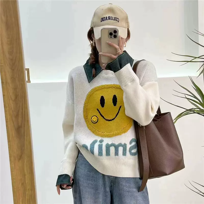 韩系笑脸假两件拼接时尚毛衣女秋冬新款宽松慵懒风加厚针织衫套头